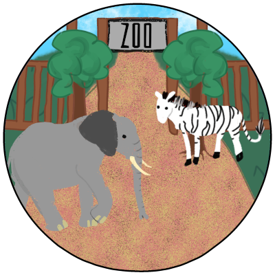 In the background there is grass, green trees, a brown fence with a sign that says 'ZOO' and a brown path leading through the fence, in the foreground there is a grey elephant on the left, and a black and white striped zebra on the right, the whole scene is inside a circle.